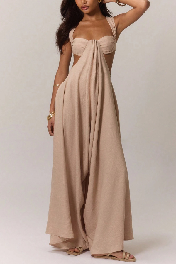 Solid Color Casual Camisole Loose Stretch Wide-leg Jumpsuit-consonak