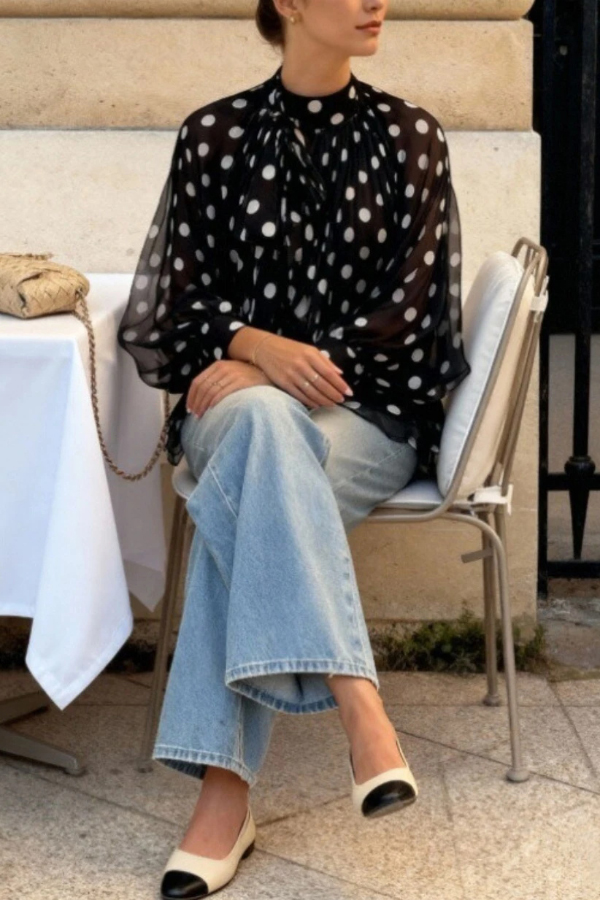 Polka Dot Print Tie-waist Lantern Sleeve Elegant Loose Shirt-consonak