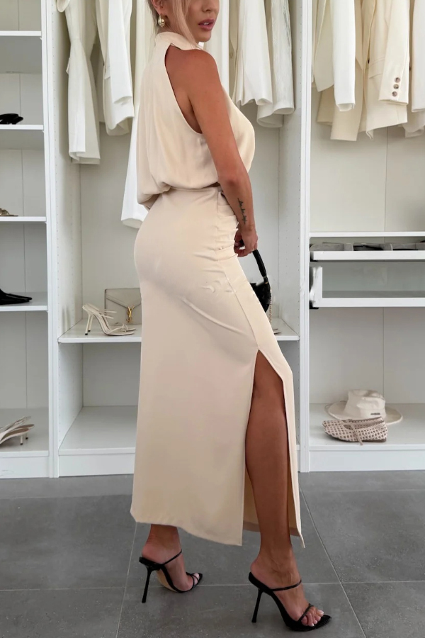 Asymmetrical Design Solid Color One-sleeve Fitted Waist Elegant Slit Maxi Dress