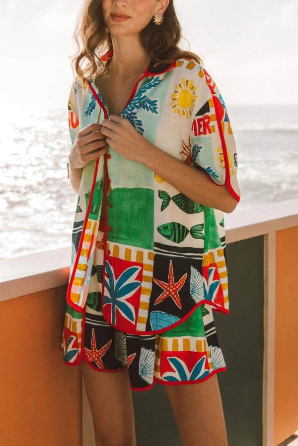 Linen Blend Summer-themed Printed Collared Short-Sleeve Loose-Fitting Shirt and Elastic Waist Casual Shorts Set