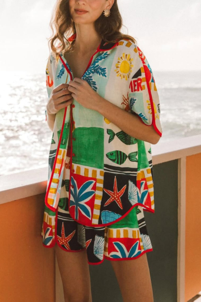 Linen Blend Summer-themed Printed Collared Short-Sleeve Loose-Fitting Shirt and Elastic Waist Casual Shorts Set