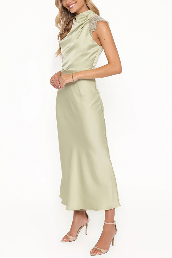 Touch of Allure Satin Drape High Neck Lace Detail Maxi Dress