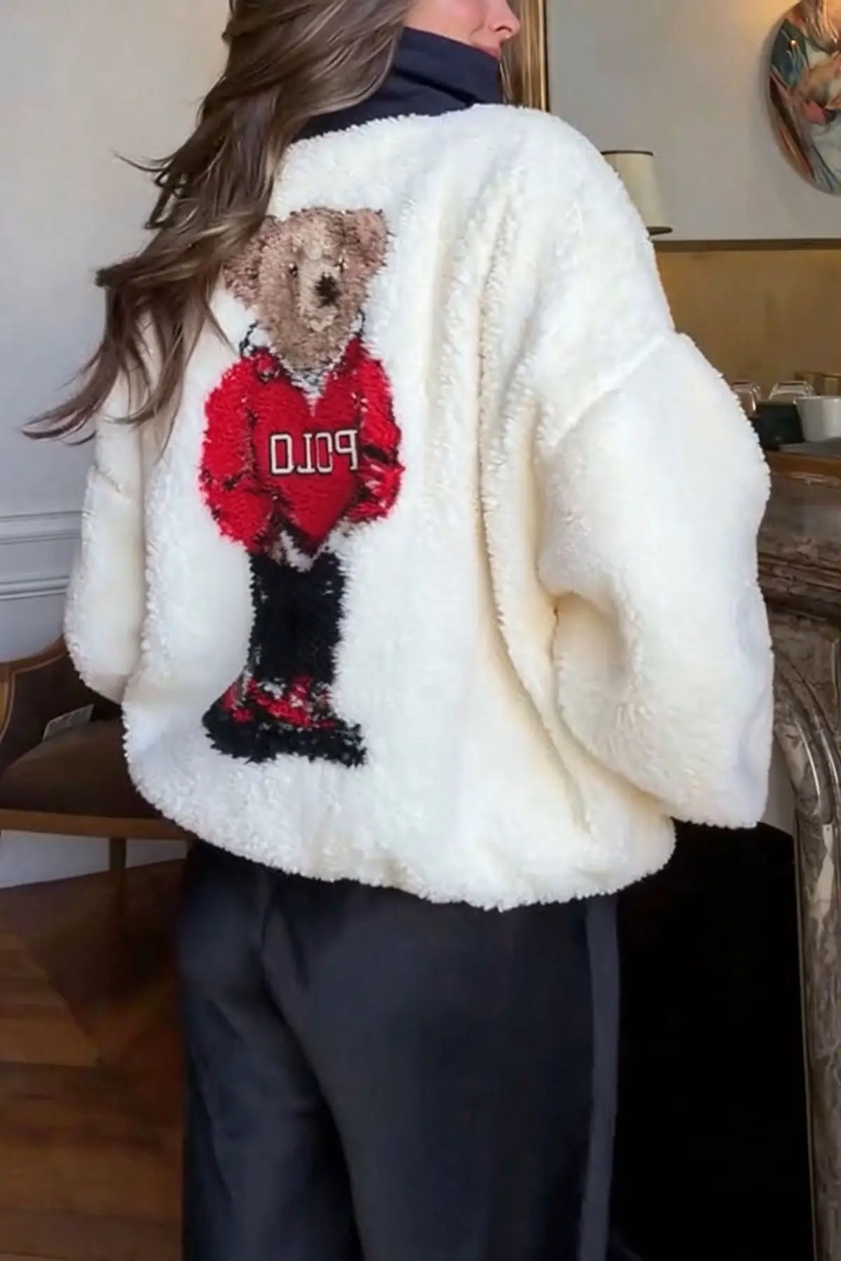 Cute Bear Print Colorblock High-Pile Fleece Zipper High Neck Long Sleeve Pocket Sweatshirts-Consonak