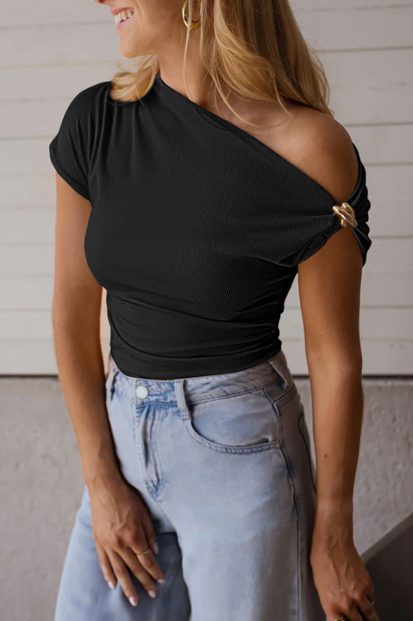 Solid Color Metal Decoration Short-sleeved Casual T-shirt-consonak