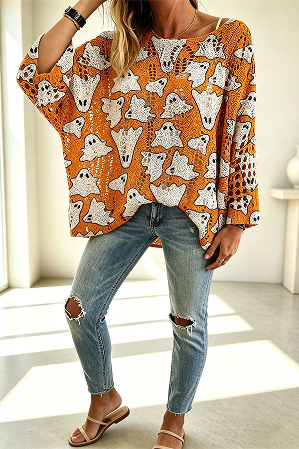 Halloween Pumpkin & Bat Hollow Out Knit Oversized Sweater-Consonak