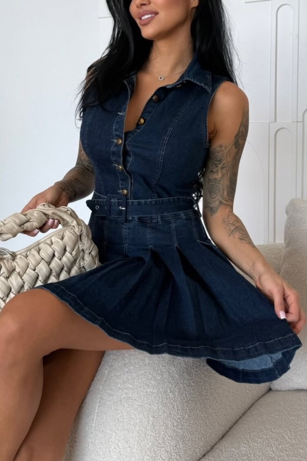 Stylish Collared Sleeveless Button-down Belted Casual Denim Mini Dress