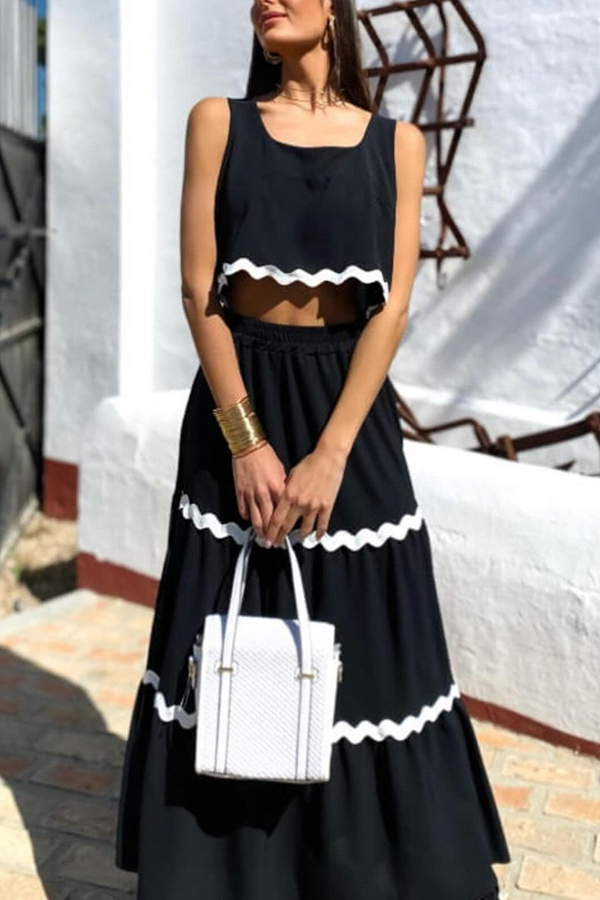 Napa Ric Rac Trims Sleeveless Crop Tank and Drawstring Elastic Waist Pocket Maxi Skirt-consonak