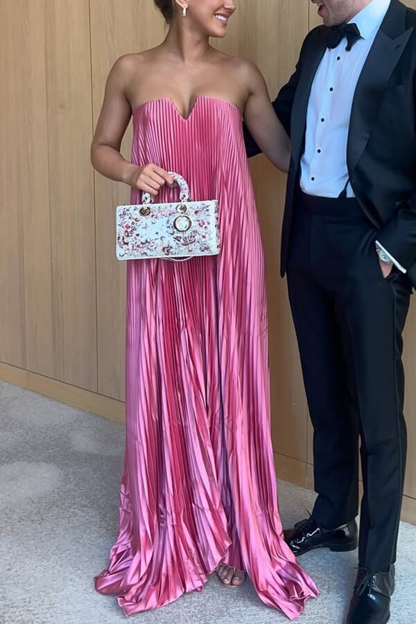 Darling Moment Satin Fabric Off Shoulder V-neck Asymmetric Hem A-line Maxi Dress