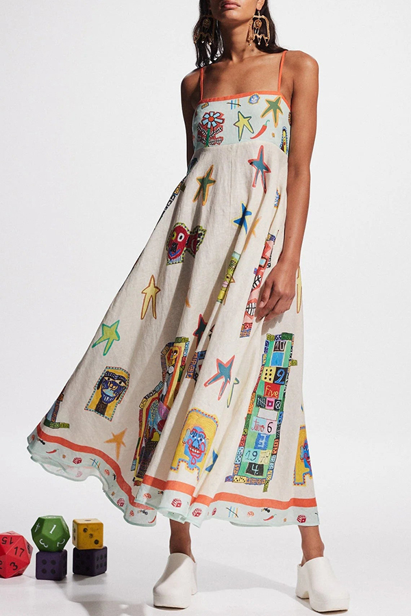 Miami Happy Hour Linen Blend Unique Print Smocked Back Pocketed Midi Dress-consonak