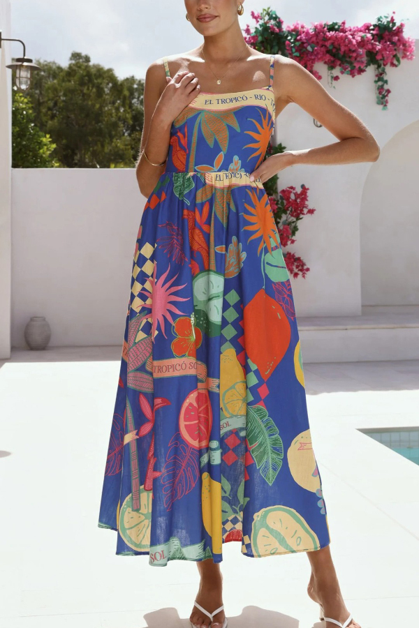 Linen Blend Unique Print Square Neck Pocket Casual Vacation Maxi Dress