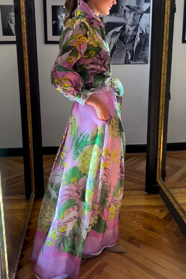 Seeds of Happiness Tulle Floral Print Balloon Sleeve Belt Blouse-consonak