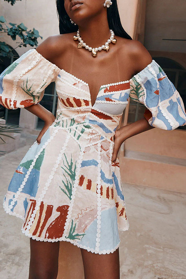 Como Linen Blend Ric Rac Trims Unique Print Puff Sleeve Mini Dress | Consonak
