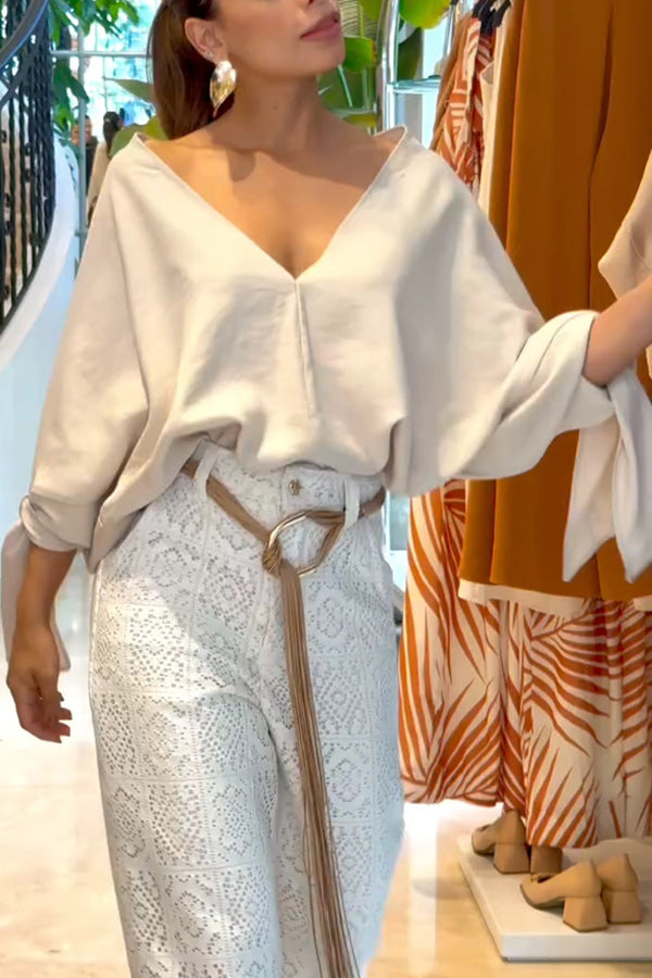 Joyful Bond Linen Blend V-neck Knotted Cuff Half Sleeve Loose Top-consonak