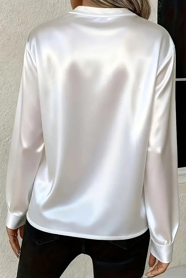 Solid Color Satin Loose V-neck Long-sleeved Casual Shirt-consonak