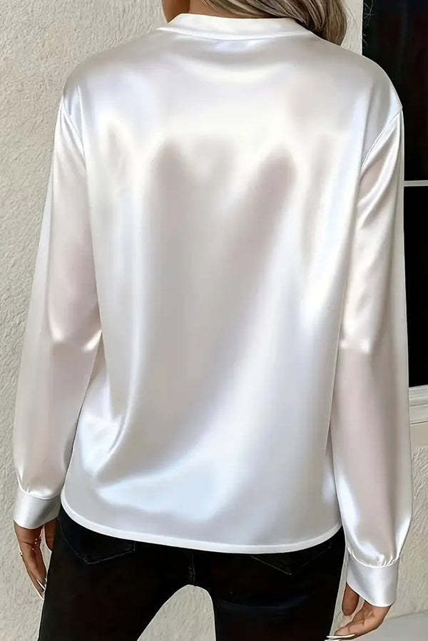 Solid Color Satin Loose V-neck Long-sleeved Casual Shirt-consonak
