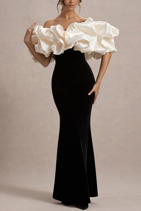 Cecily Velvet Off Shoulder Satin Structured Bardot Neck Stretch Maxi Dress-consonak
