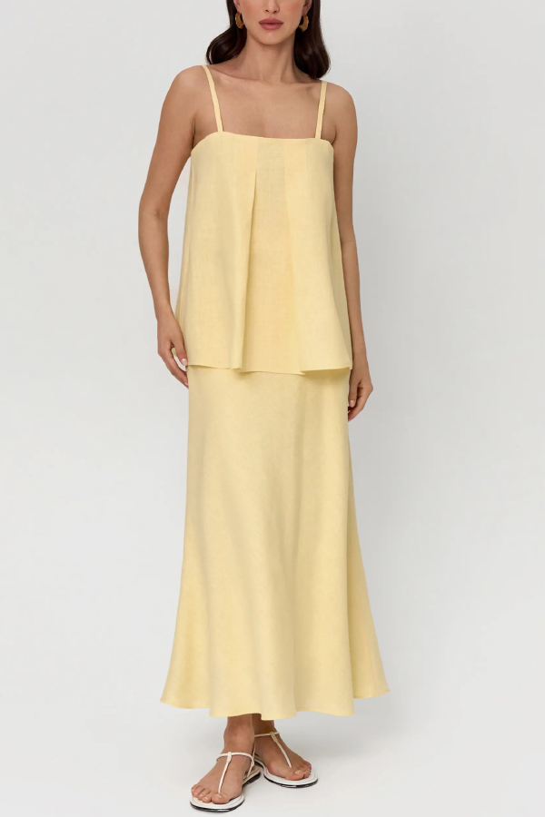 Linen Blend Loose Square Neck Camisole Top and Elegant Resort Maxi Skirt Set-consonak