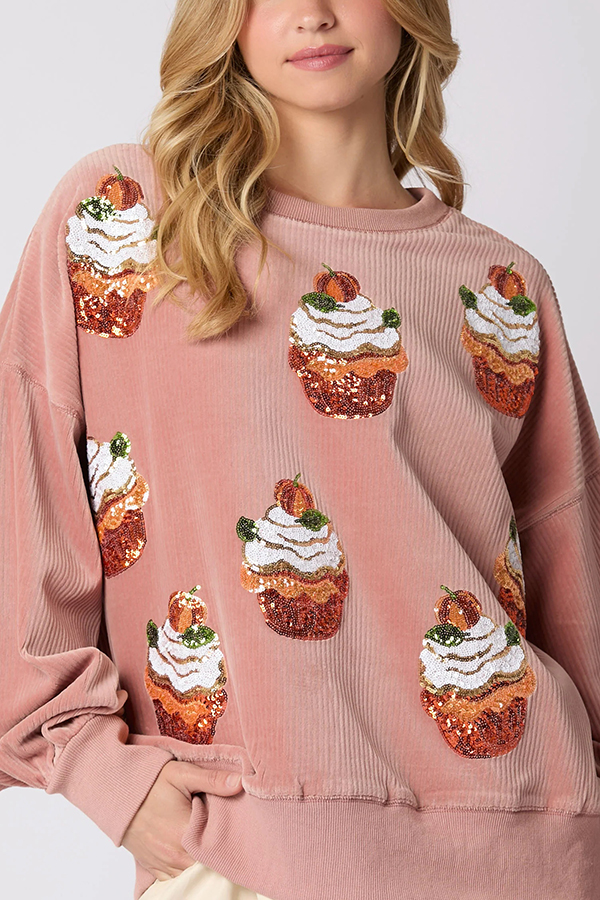 Christmas Pumpkin Cake Sequined Round Neck Loose Sweatshirt-consonak