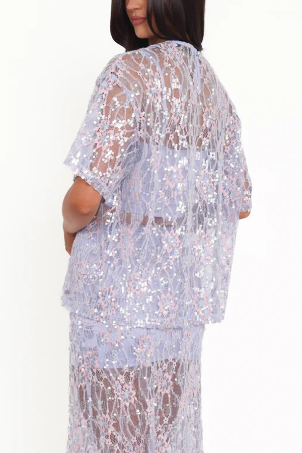 Catch The Light Sheer Sequin Lace Short Sleeve Loose Tee Top-consonak