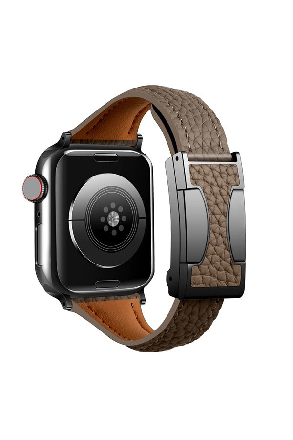 Fashionable Genuine Leather Lychee Pattern Double C Magnetic Buckle Watch Strap-consonak