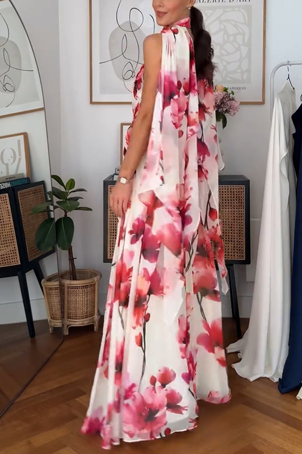 Blooming Petals Chiffon Floral Print Crinkle Cross Front Drape Ruffles Scarf Maxi Dress-consonak