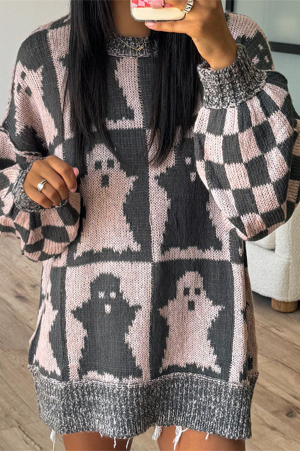 Halloween Ghost & Checkerboard Oversized Knit Sweater-Consonak
