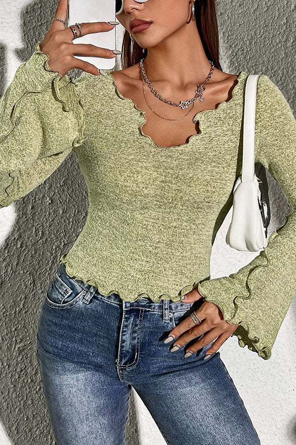 Solid Color V-neck Flared Long-sleeved Fitted Top-consonak