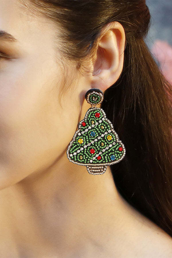 Handmade Christmas Tree Shape Beaded Earrings-consonak