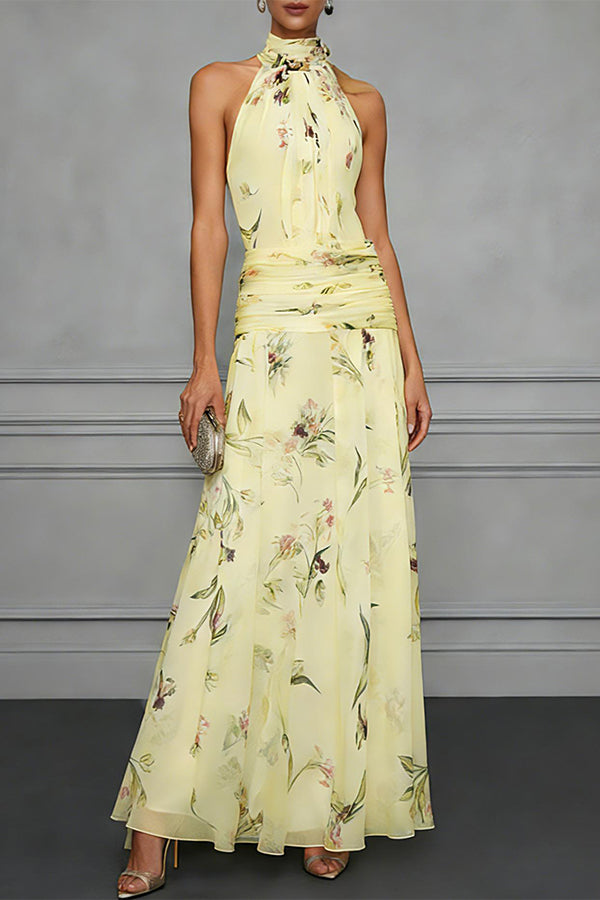 Aria Ruched Halter Floral Dress-Consonak