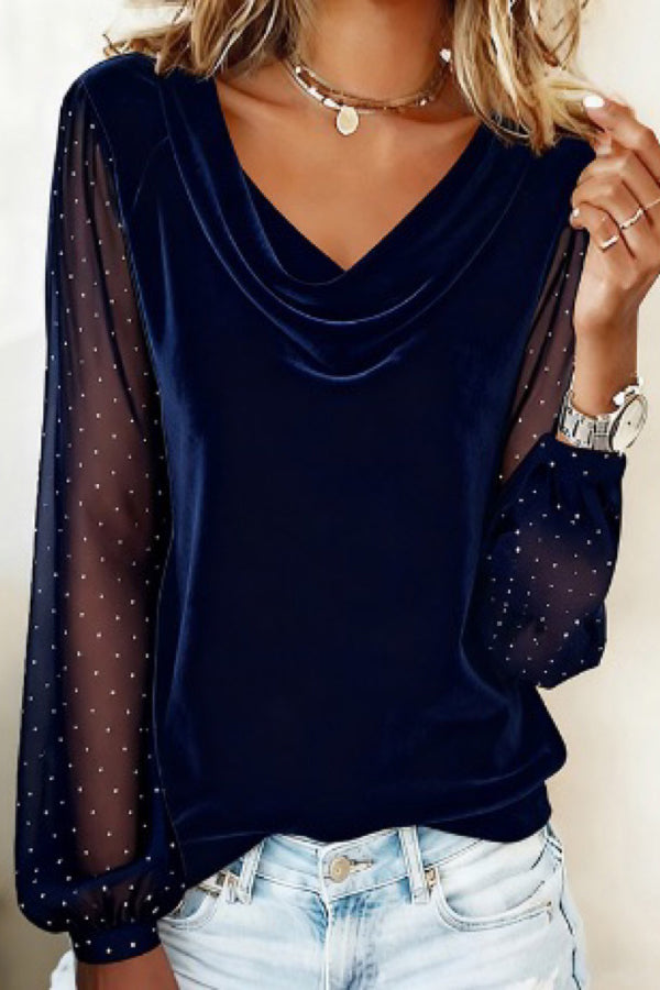 Fashionable Velvet Patchwork Mesh Rhinestone Long-sleeved Casual Top