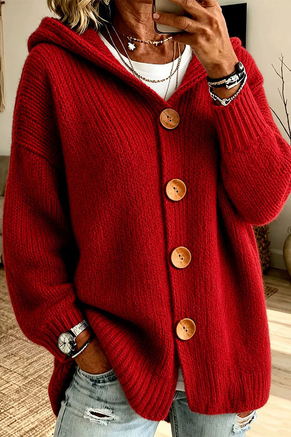 Warm Season Knit Four-button Long Sleeve Hooded Loose Cardigan-Consonak