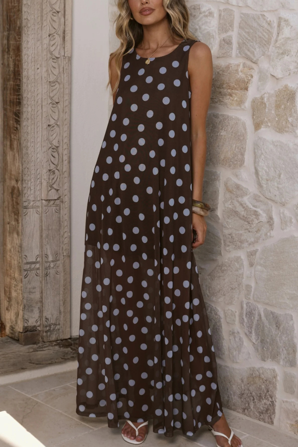 Polka Dot Print Loose Round Neck Sleeveless Mesh Casual Maxi Dress | Consonak