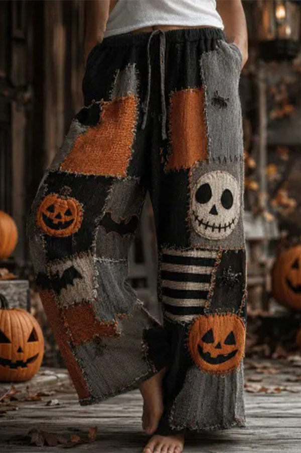 Halloween Dark-themed Printed Wide-Leg Pants-Consonak