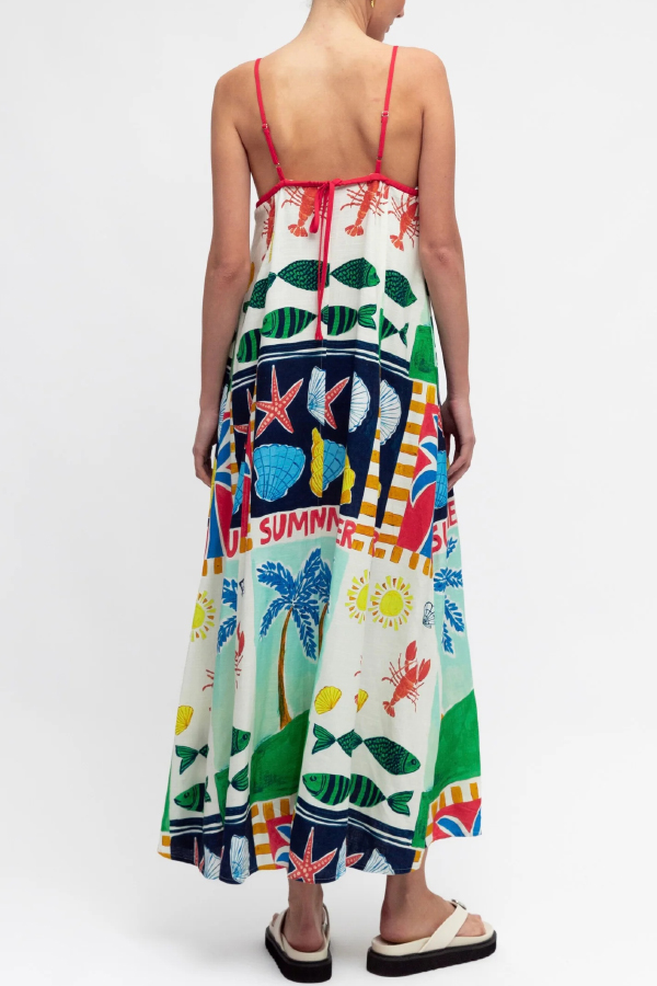 Summer-themed Printed Square Neck Sleeveless Pocket Loose Maxi Dress-consonak