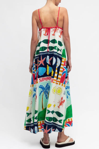 Summer-themed Printed Square Neck Sleeveless Pocket Loose Maxi Dress