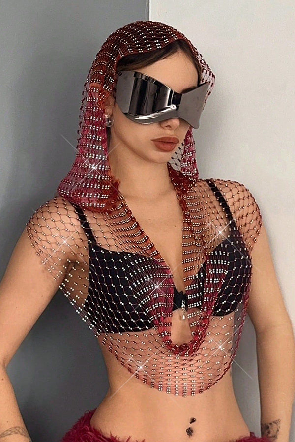 Fashion Fishnet Rhinestone Hooded Vest-consonak