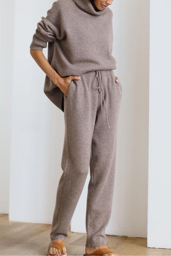 Solid Color Turtleneck Long-sleeved Knit Top and Elastic Waist Casual Pants Set-consonak