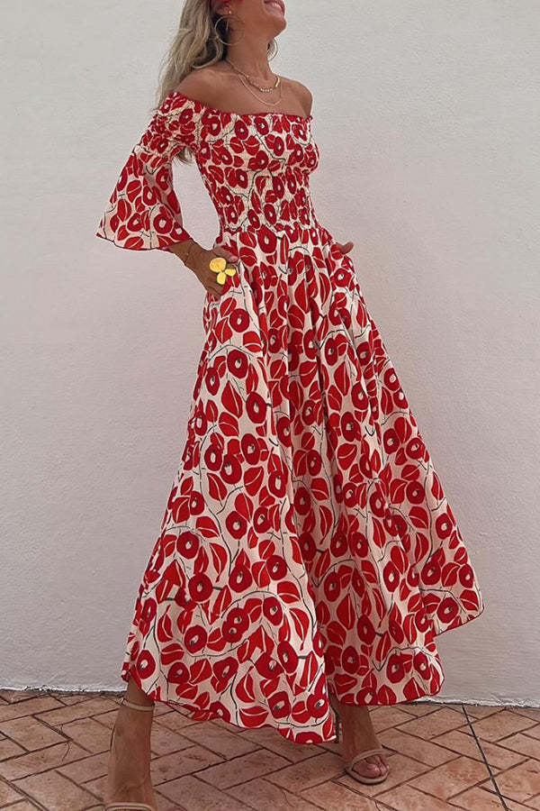 Vacation style fashionable floral print pleated one shoulder design pocket long dress | Consonak