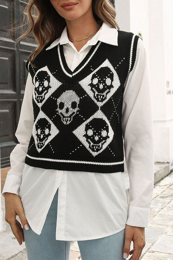 Halloween Skull Argyle Knit Sweater Vest-Consonak