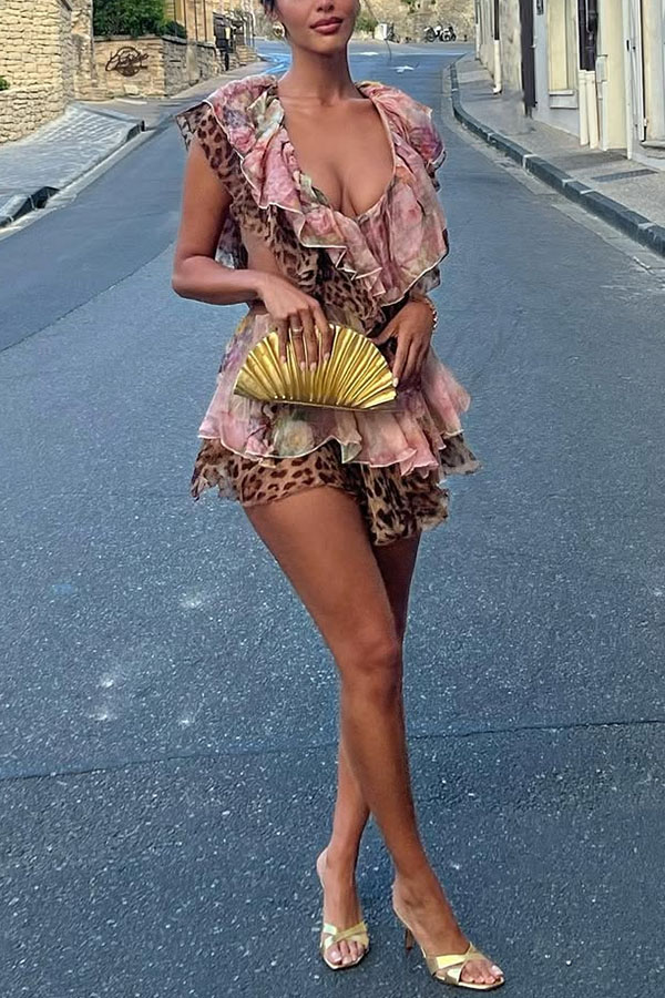 Dreamy Island Floral Leopard Print Cutout Waist Tiered Ruffles Mini Dress-consonak