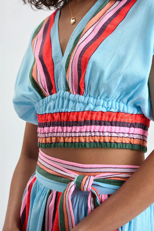 Stylish Striped Print V-neck Cropped Top and Elastic Waist Casual Maxi Skirt Set-consonak