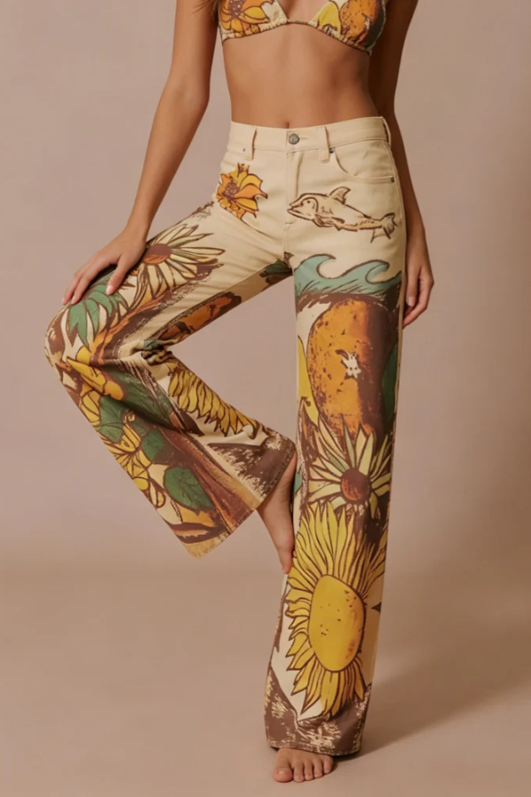 We The Free Denim Playful Doodle Printed Mid Rise Pocket Wide Leg Jeans | Consonak