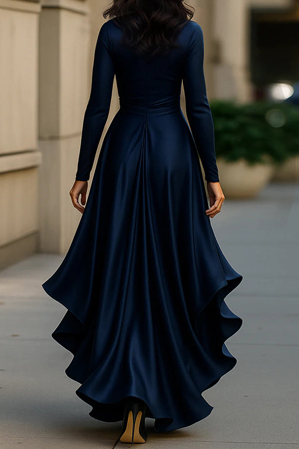 Solid Color Satin V-neck Long-sleeved Elegant Ruffled Maxi Dress | Consonak