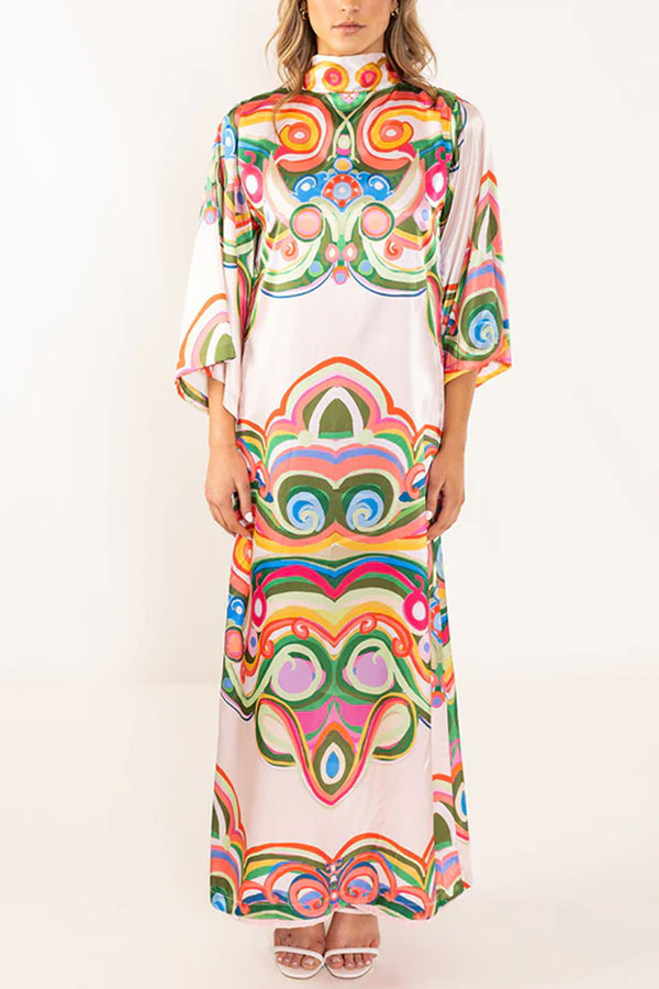 Venice Satin Colorful Baroque Style Print High Neck Tie-up Half Bell Sleeve Maxi Dress-consonak