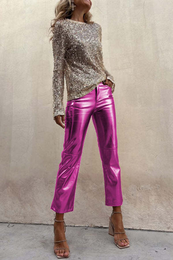 Sinclair Metallic Faux Leather High Rise Pocketed Straight Pants-consonak