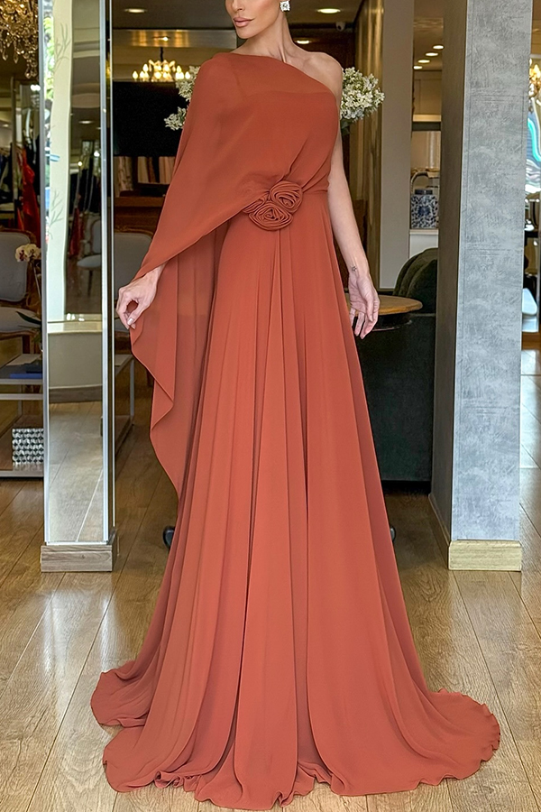 Iriena Chiffon One Shoulder Rose Decoration Waist Formal Maxi Dress-consonak