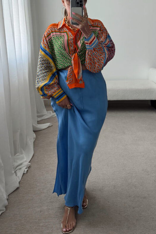 Brazil's Joyful Spirit Colorful Unique Print Balloon Sleeve Button Loose Shirt-consonak