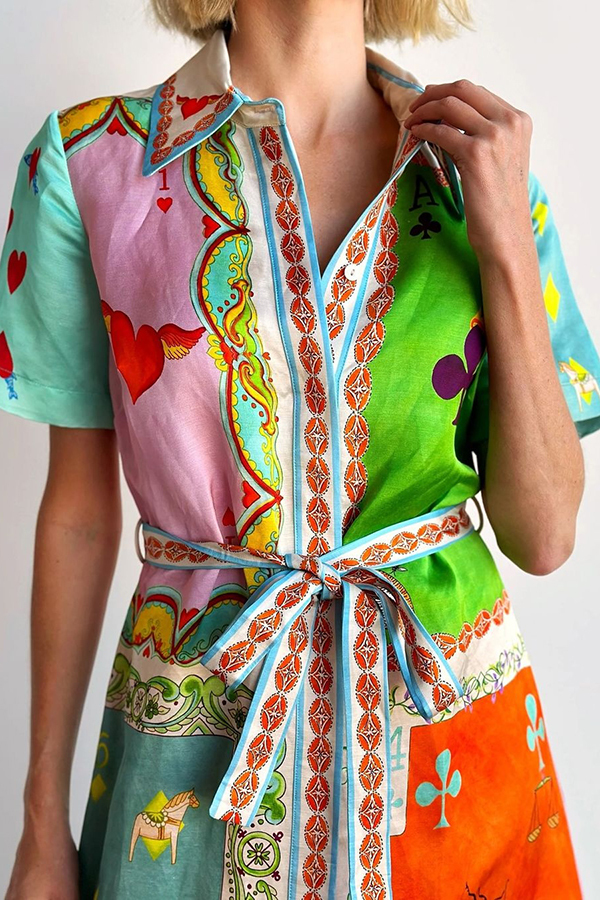 Kiana Linen Blend Unique Print Short Sleeved Tie Waist Shirt Maxi Dress-consonak