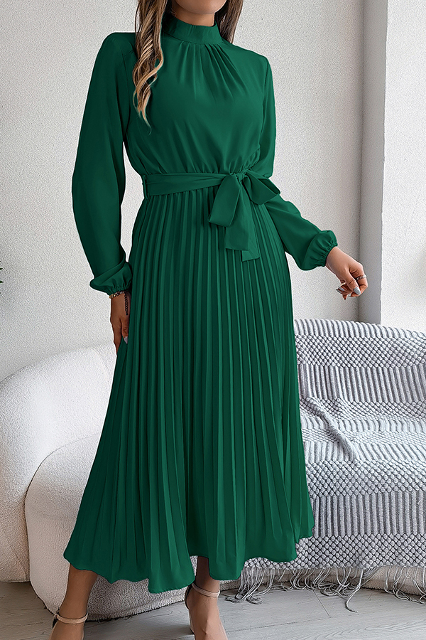 Elegant Stand-collar Long-sleeve Waisted Tie-up Pleated Midi Dress-consonak