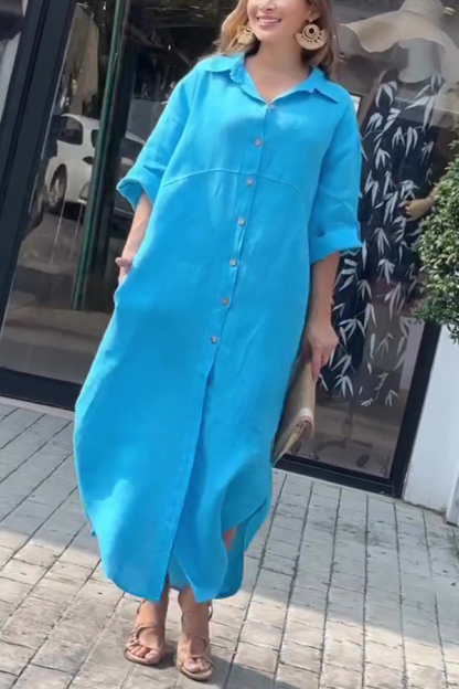 Linen Blend Solid Color Long Sleeve Buttoned Loose Pockets Maxi Dress-consonak
